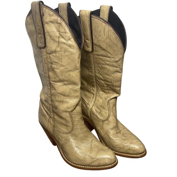 Texas Shoes - Vintage Texas Tan Marble Leather Cowboy Western Stacked Heel Boot Womens Size 5